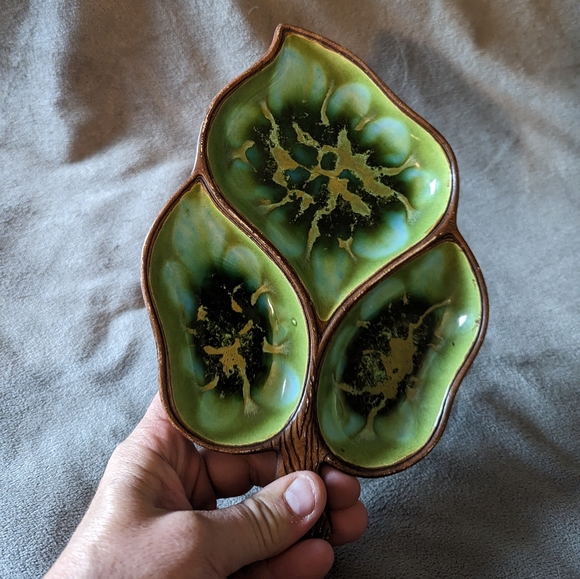 Vintage MCM 1960’s Treasure Craft Divided Leaf Dish Green Trinket Dish 9.5”x6” - Picture 2 of 7